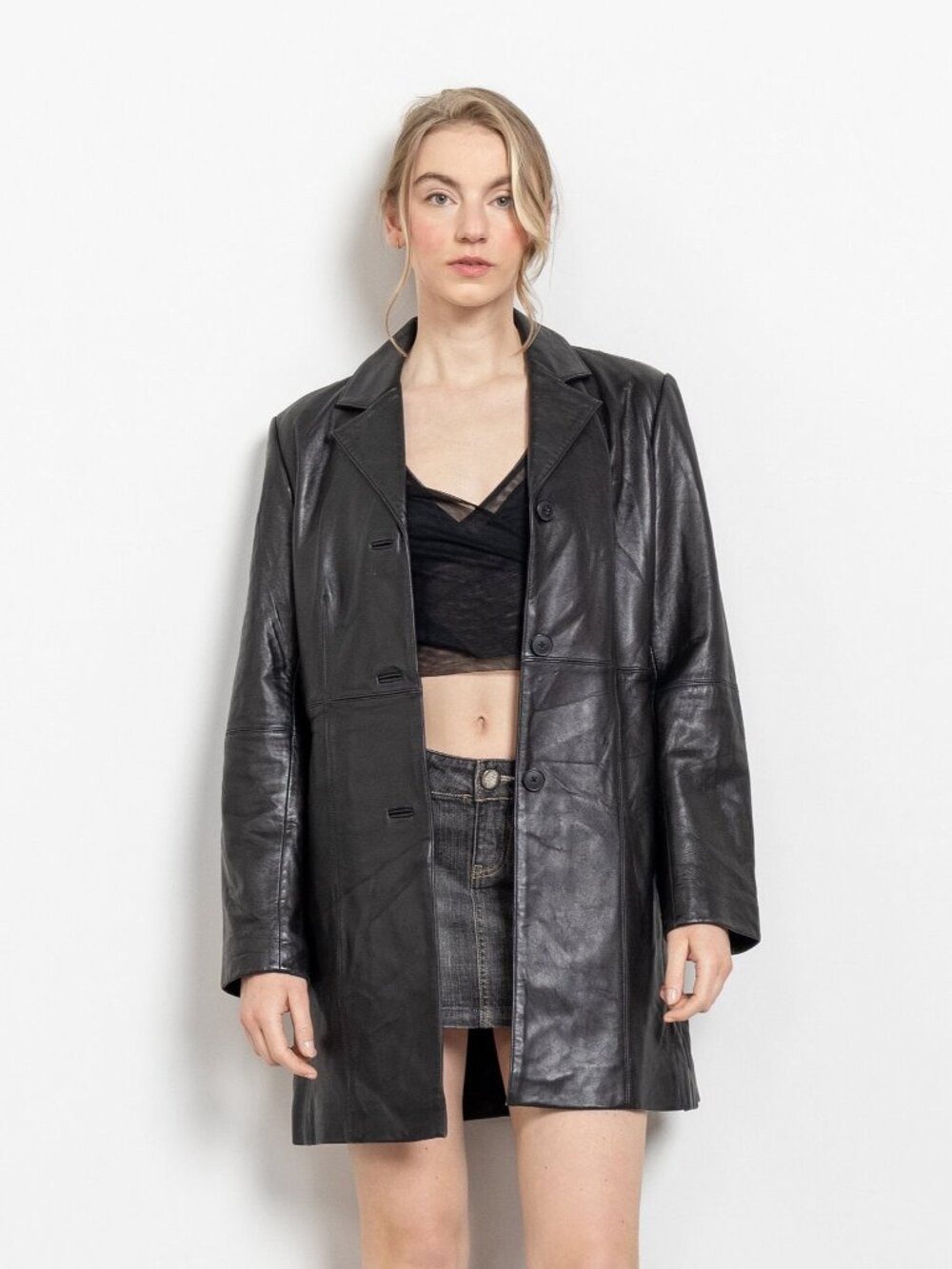 BLACK LEATHER BLAZER Vintage Jacket Coat Woman Fall Spring 90's / Small